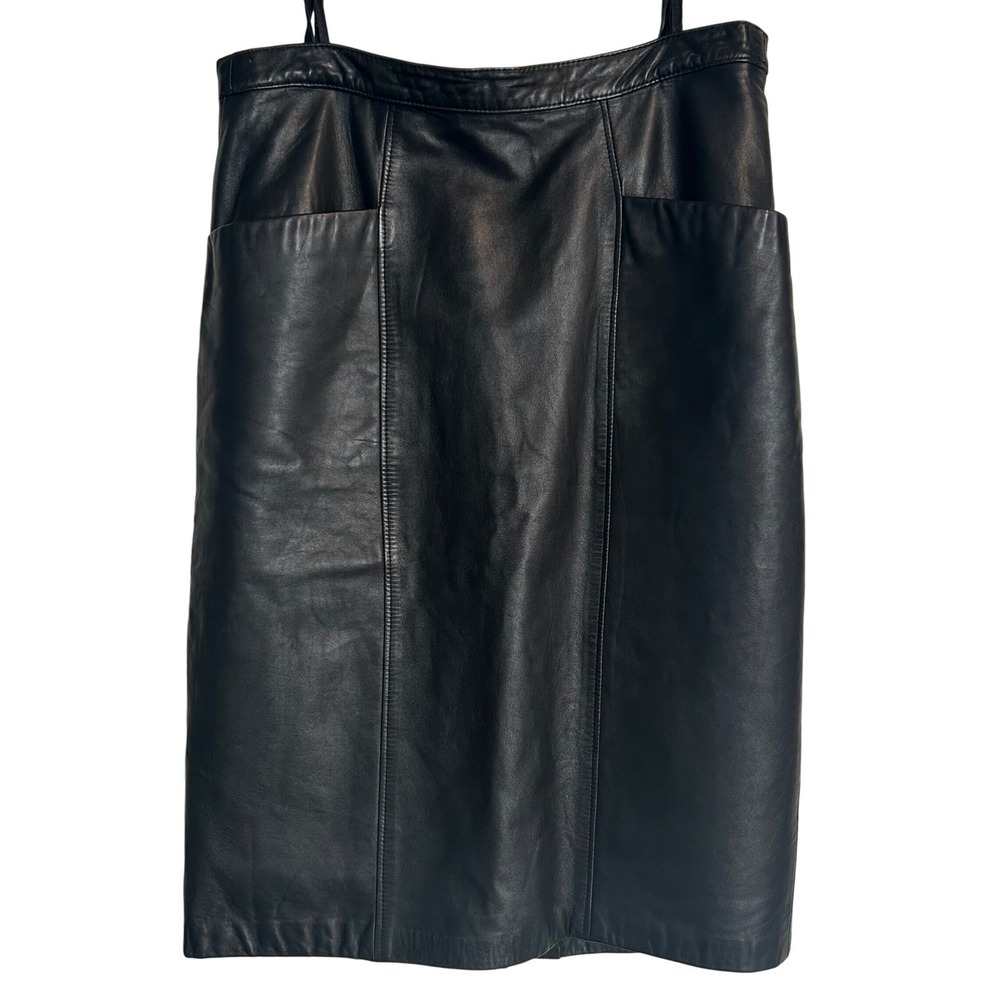 Vintage Yessica Black Leather Midi Skirt EU 42 | Pockets,‎ Zip, US 10